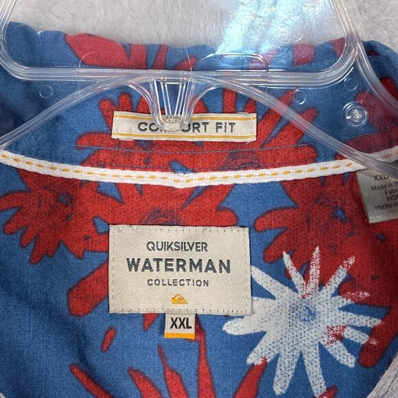 Quiksilver Waterman Camp Shirt Mens XXL Blue Red Floral Preppy Hawaiian Aloha - Picture 6 of 10